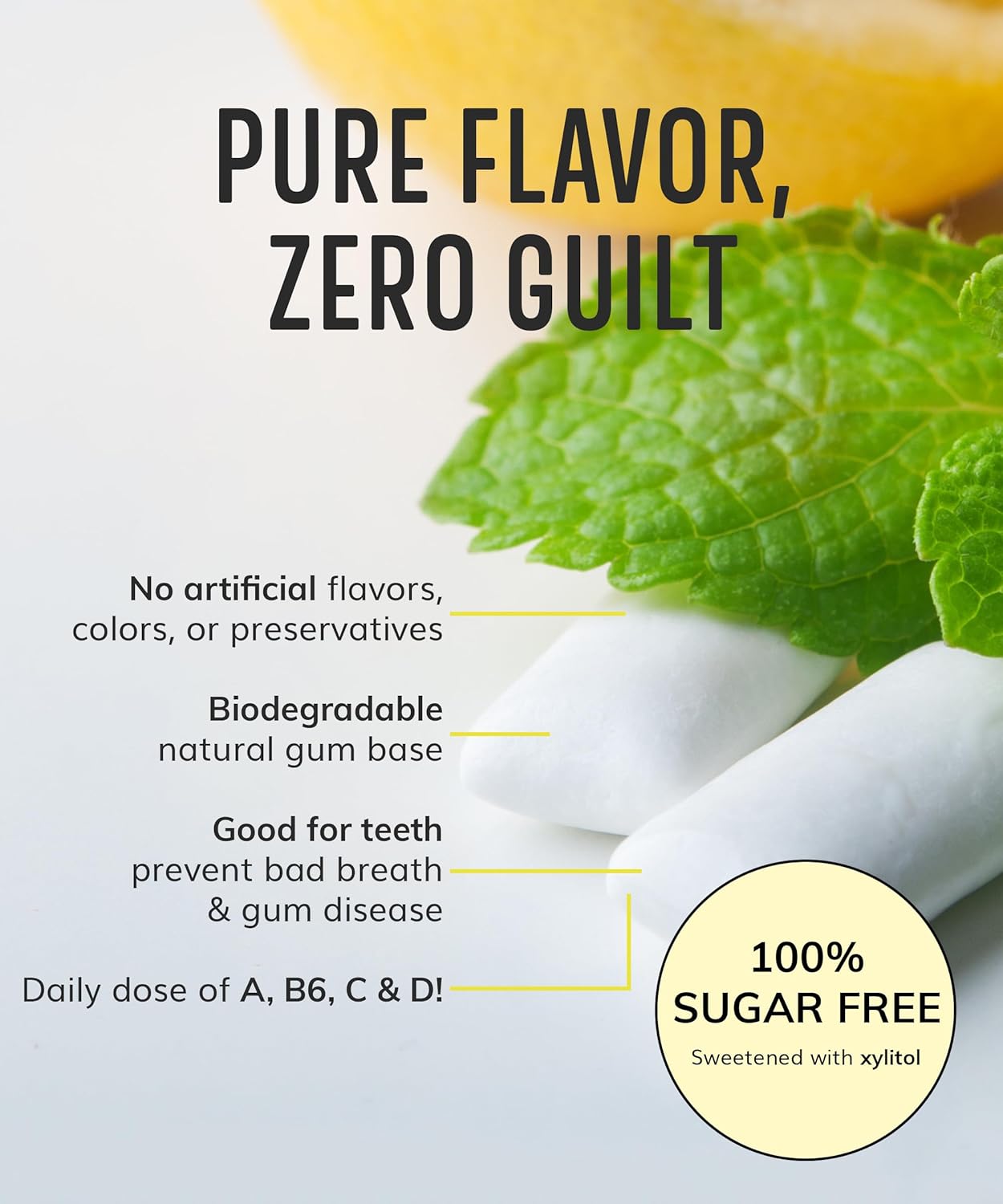 Xylitol Gum Vitamin | Healthy, Sugar Free, Plastic Free, Natural Chewing Gum, Multivitamin A,B6,C & D | Aspartame Free, Boost, Vegan, Gluten Free, Keto | Lemon, 4 pack (56pcs)