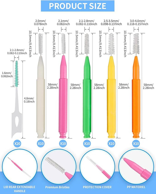 Soft Braces Brush Set, 70 PCS Interdental Brush, 50 PCS Tooth Picks Flossing Head for Oral Tooth Cleaning, with 20 PCS Disposable Toothpicks Braces Flossers with Box (Multiple Sizes)