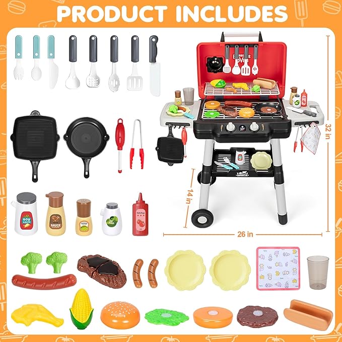 Kids Play Kitchen Toys, Kids BBQ Grill Playset with Smoke Sound Light, 2-Layer Barbecue Toy with Wheels, Outdoor Play Food Toys Cooking Set for Toddlers 3-5, Birthday for Boys Girls