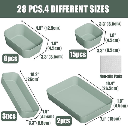 28 pcs Desk Drawer Organizer Tray, Multiple Sizes Plastic Drawer Organizer Storage, Stackable Organizer Containers For Makeup, Bedroom, Kitchen Gadgets Utensils and Office