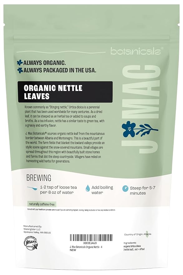 J MAC BOTANICALS Organic Nettle Leaf Herbal Tea 4 oz, 50+ Cups, Certified USDA Organic, Dried stinging nettle tea, Urtica dioica