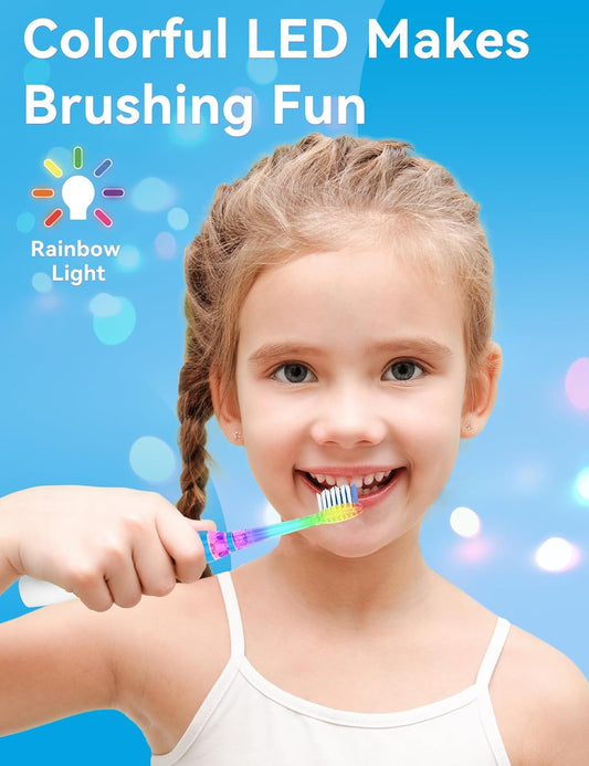 SEAGO Kids Electric Toothbrush with 2 Mins Brushing Timer and 4 Replacement Bursh Heads, Rainbow LED Light Make Brushing Fun, Boys Battery Powerd Toothbrush for 4-12 Years Old,SG-977 (Light Blue)