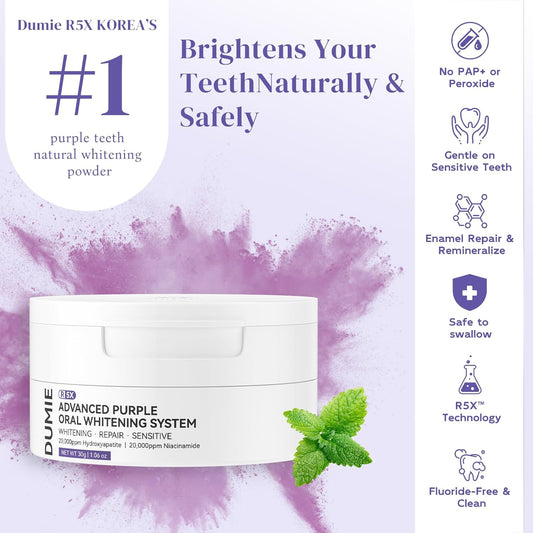 Teeth Whitening Powder,Remineralizing Hydroxyapatite Tooth Powder with Niacinamide,R5X Purple Color Corrector for Instant Brightening, Enamel Repair & Long-Lasting Natural White-30g
