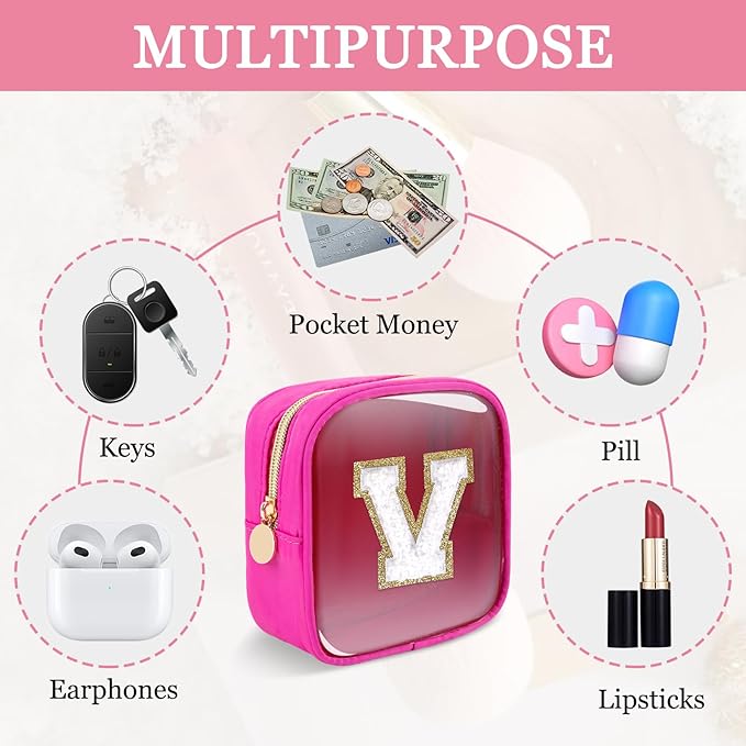Mini Clear Personalized Initial Makeup Bag,Small Nylon Waterproof Zip Beach Cosmetic Pouch,Preppy A-Z Chenille Letter Patch Cute Coin Purse Travel Toiletry Bag Car Pack Bag for Women(Hot Pink-White V)