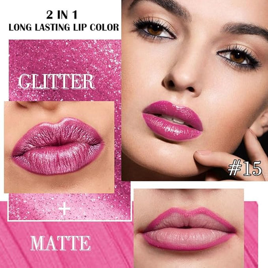 Kaely 2-in-1 Rose Metallic Lipstick and Lip Liner, Shimmer Liquid Metallic Lipsticks for Women, Glitter Lip Gloss Stain Long Lasting Waterproof Smudge Proof 24 Hour, Vegan Makeup, 15