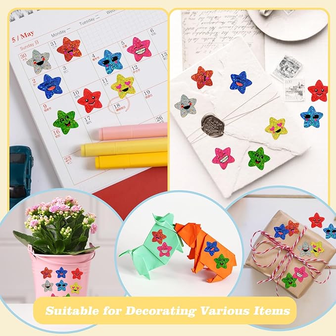 700Pcs Smiley Face Star Stickers for Kids Reward, 1inch 8 Colored Sparkly Foil Expression Stickers for Student Planner and School Classroom Teacher Supplies 3.15inch in Diameter per roll