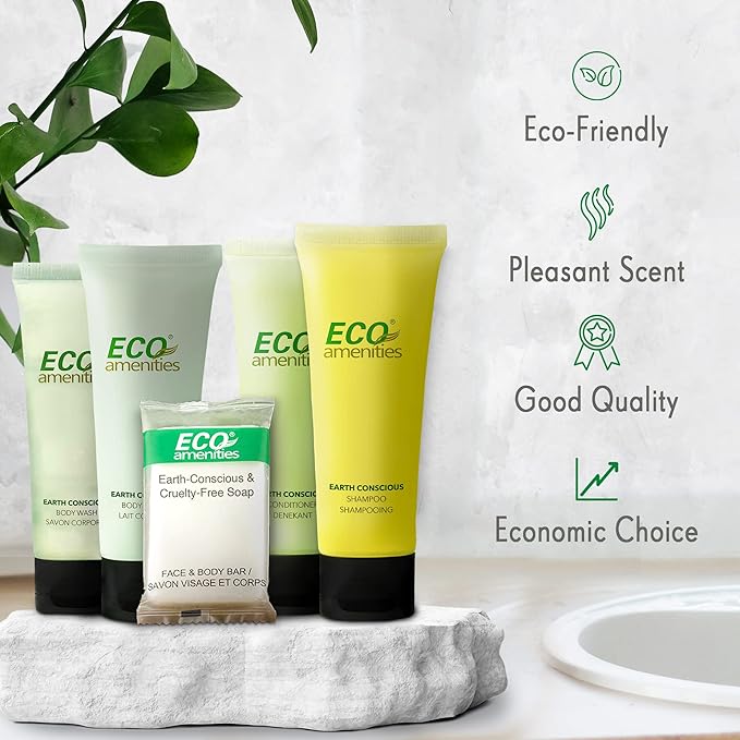 ECO amenities Travel Essentials Toiletry Kit - 150-Piece, 30 x 30ml Shampoo & Conditioner - 30 x 30ml Body Wash & Lotion - 30 x 28g Soap
