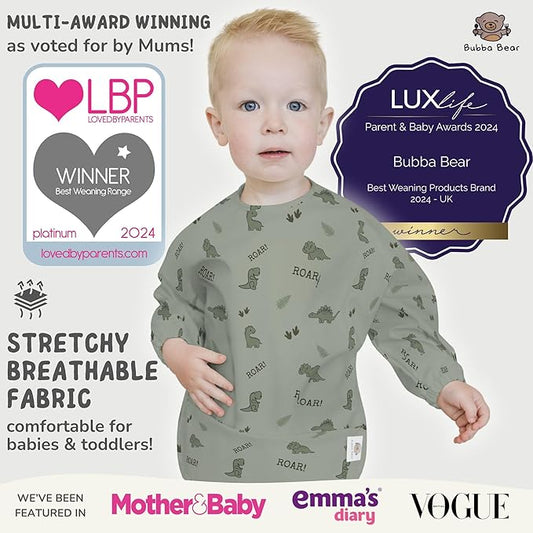 Bubba Bear Baby Bib with Sleeves, Long Sleeve Toddler Feeding Apron Bibs for Eating & Lead Weaning, Mess Proof Full Sleeved