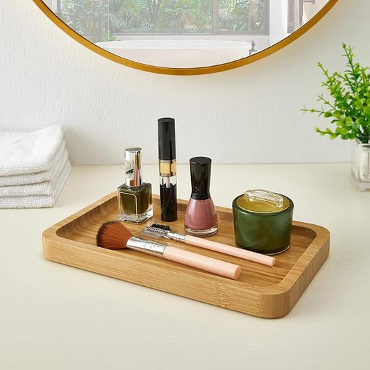 3 Pcs Bamboo Tray for Bathroom Bamboo Vanity Bathroom Counter Organizer Decorative Tea Serving Tray for Dresser Coffee Table Home Decor Toilet Tank Candle Perfume, 9.8 x 5.7 x 0.78 Inch