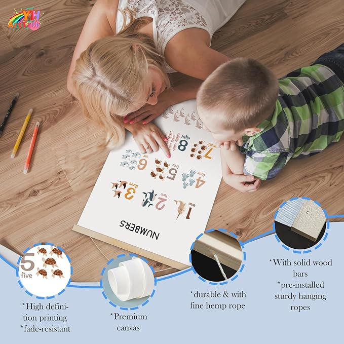 YOUHONG Classroom Wall Art Play Room Wall Decor Number Art Kids Learning Posters with Hanging Rope - Toddler Room Decor Preschool Educational Classroom Posters for Kids (12x15.7 Inch)