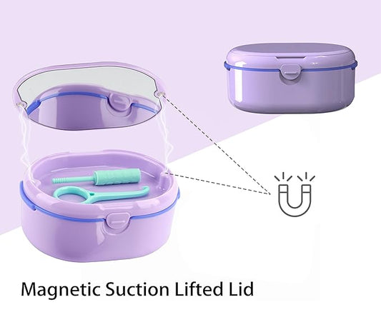 MURRI&MURRDI Retainer Case, Denture Bath Box with Strainer Basket, Mouth Guard Case Purple Braces Cleaner Cup, Cute Denture Holder Retainer Storage Soak Container for Travel (D Purple)