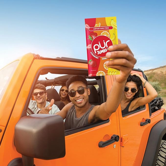 PUR Jumbo Gum | Aspartame Free Chewing Gum | 100% Xylitol | Natural Strawberry, Banana, Orange Flavor, 20 Pieces (Pack of 3)