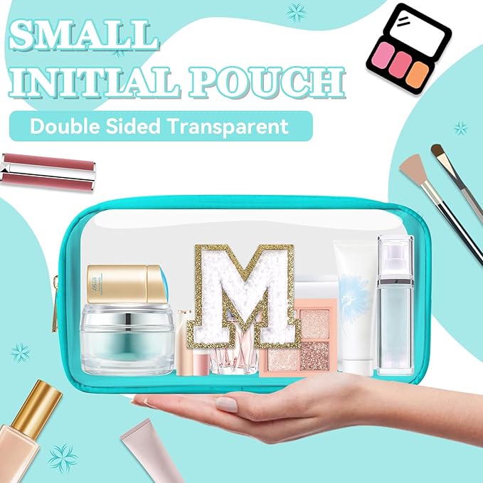 Small Clear Personalized Initial Makeup Bag,Nylon Preppy A-Z Chenille Letter Patch Cosmetic Pouch Beach Toiletry Bag,Waterproof Zipper Travel Purse Storage Bag Organizer for Women Girls(Cyan-White M)