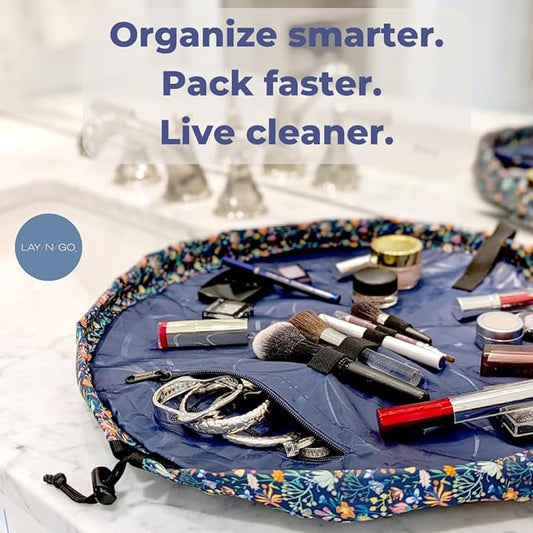 Lay-n-Go Cosmo Layflat Drawstring Cosmetic & Makeup Bag Organizer - Portable Drawstring Makeup Bag w/Zipper Pocket, Loops & More -Durable, Machine Washable Toiletry Bag (20", Butterfly Small Floral)