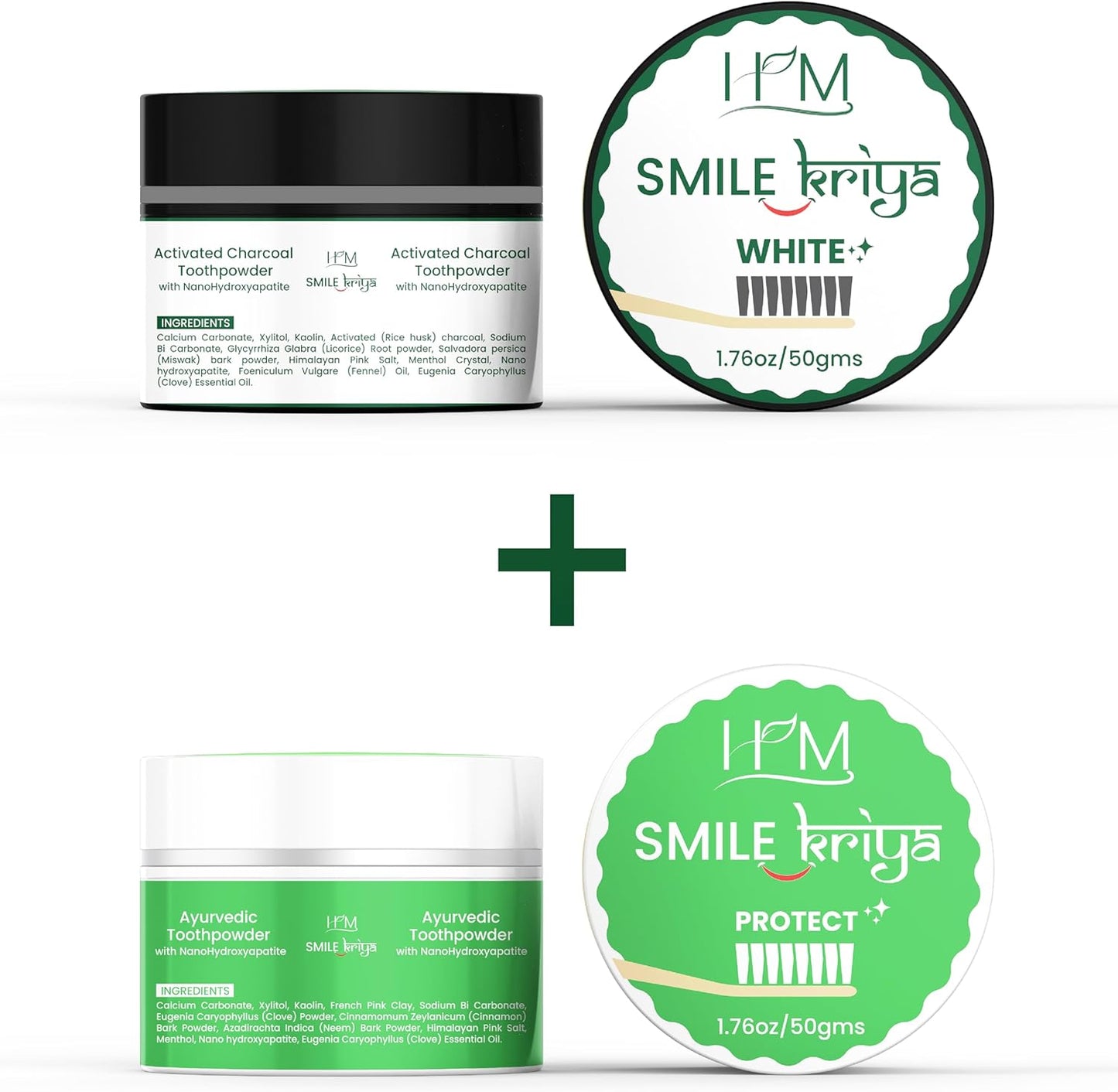 HM - Smile Kriya Ayurvedic Toothpowder Duo (Pack of 2) | Whitens Teeth Naturally, Remineralizes Enamel, Strengthens Gums & Freshens Breath | Activated Charcoal & NanoHydroxyapatite | 1.76 oz X 2