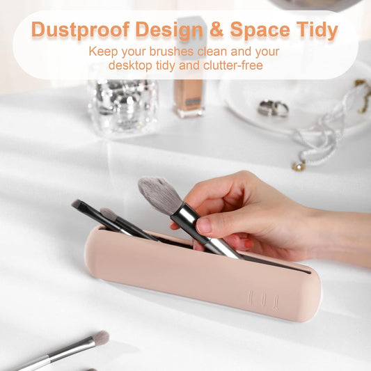 FERYES Travel Makeup Brush Holder, Magnetic Anti-fall Out Silicon Portable Cosmetic Face Brushes Holder, Soft and Sleek Makeup Tools Organizer for Travel-Khaki(7.8 * 1.89 * 0.8 Inches)