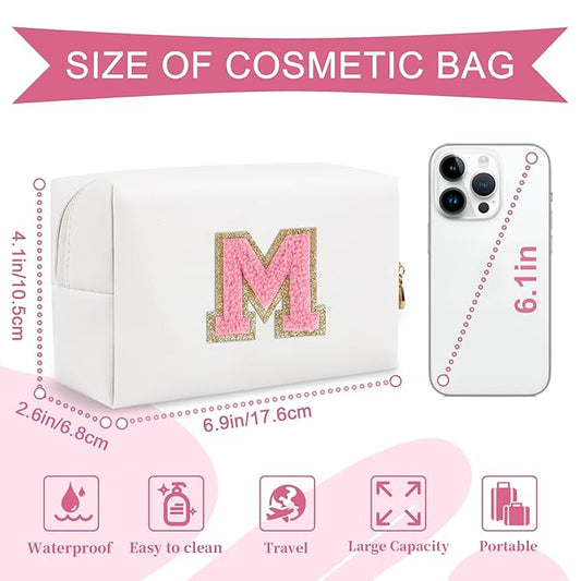 Personalized Makeup Bag Initial A-Z Preppy Patch Bag,Small PU Leather Travel Cosmetic Bag Pouch with Zipper,White Cute Toiletry Bag,Gift Ideal for Teen Girls Women Birthday Friend Mom,Letter M