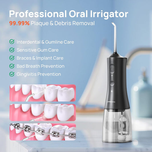 Operan Cordless Water Flossers for Teeth, 300ML Rechargeable Oral Irrigator with 4 Modes & 4 Nozzles, Portable Water Flossers for Adults, IPX7 Waterproof for Home and Travel, Black,01Pack