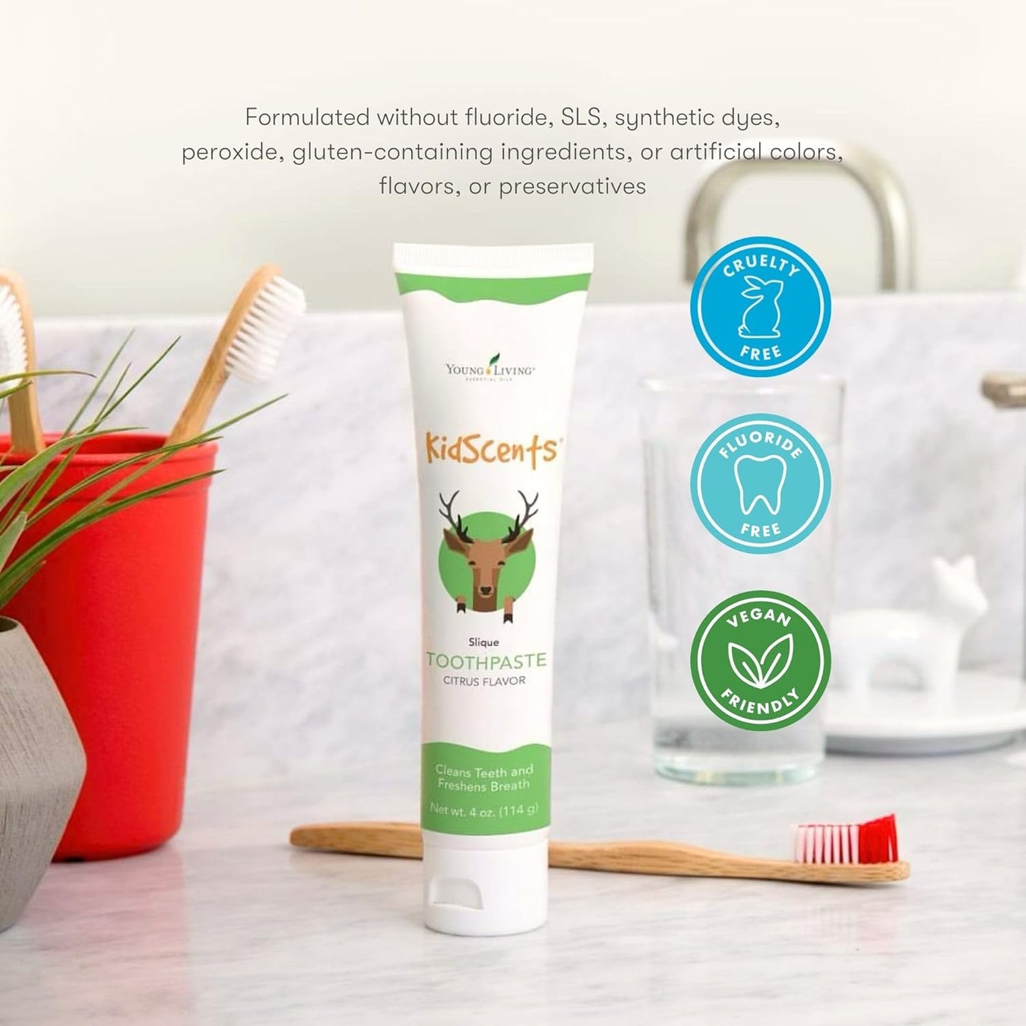 KidScents Slique Toothpaste by Young Living - 4 oz Tube - Gentle Dental Care for Kids - Premium Essential Oils - Citrus-Mint Flavor - Fights Plaque Removes Buildup and Stains - Fluoride and SLS Free