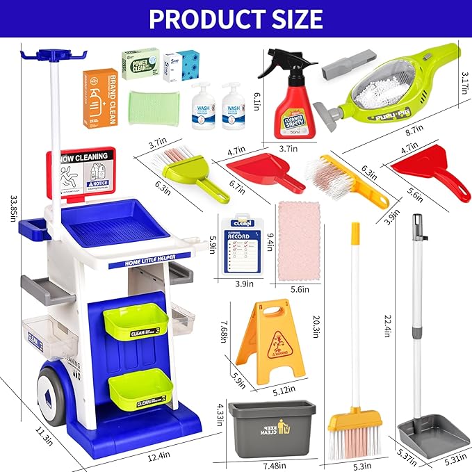 Kids Cleaning Toy Set, Toddler Cleaning Set, Pretend Play Cleaning Toys with Handheld Vacuum That Really Works,Cleaning Supplies,Cleaning Cart for Kids Toddler Christmas Birthday Gift(Blue)