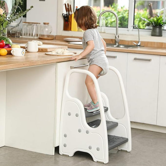 Toddler Step Stool for Bathroom Sink,Adjustable 3 Step Stool for Kids,Kitchen Standing Tower,Children Learning Helper Stool with Safety Handles and Non-Slip Pads,Grey