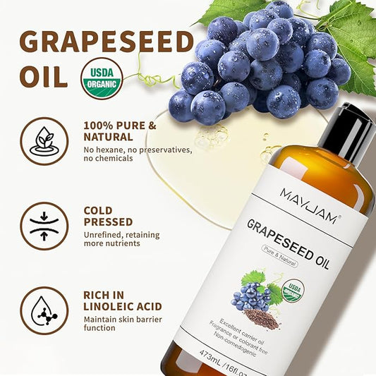 MAYJAM Organic Grapeseed Oil for Skin & Hair 16 oz, USDA Certified 100% Pure & Natural Grape Seed Oils, Cold Pressed Body Massage Carrier Oil for Skin Face Essential Oils Mixing, Hexane Free