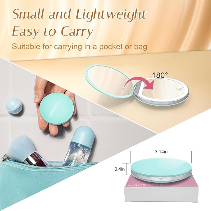 Compact Mirror with Light, 1X/3X Magnification LED Pocket Mirror with USB Data Cable,Mini Mirror for Purse, Pocket,Travel and Present (Mint Green)