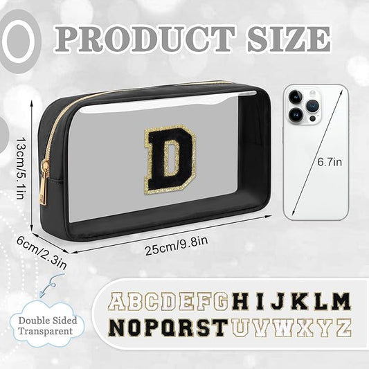 Small Clear Personalized Initial Makeup Bag,Nylon Preppy A-Z Chenille Letter Patch Cosmetic Pouch Beach Toiletry Bag,Waterproof Zipper Travel Purse Storage Bag Organizer for Women Girls(Black-Black D)