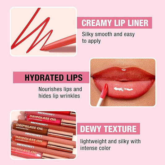 Jolilab Matte Lip Liner Lip Oil Set, Lip Makeup Set Natural Smooth Long-Lasting And Hydrating Beauty Daily Cosmetics Gift for Girls Easy-to-Use(8pcs)