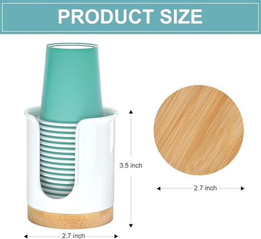 2 Pack Bathroom Cup Dispenser - Small Cup Holder and Mouthwash Cups Holder for 3 Oz Countertop - Convenient Paper Cup Dispenser - Bamboo Wood Base Bathroom Cup Holder(White)