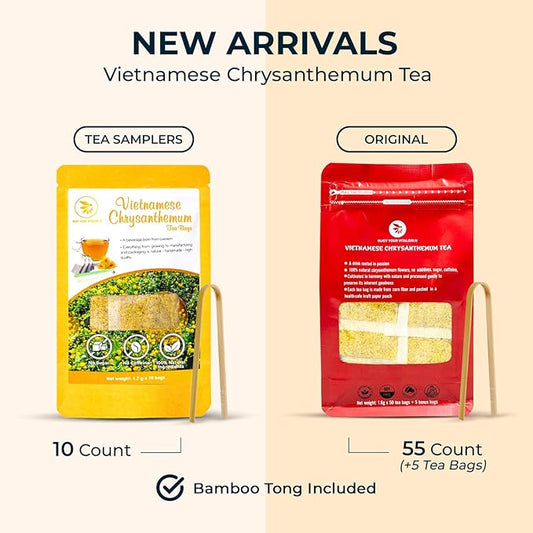 Vietnamese Chrysanthemum Tea Samplers - 10 Count + Bamboo Tong, No Sugar Added, No Caffeine, Re-Steep Chrysanthemum Floral Scent Herbal Tea for Detox, Refreshing, Relax