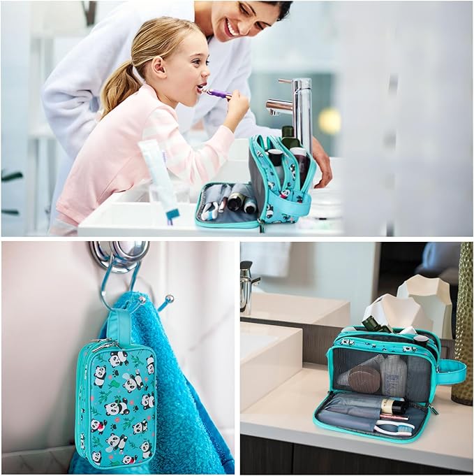 Kids Toiletry Bag for Girls, Travel Toiletry Bag for Little Young Girls Cosmetic Bag Makeup Bag Waterproof Hanging Wash Bag Toddler Toiletries, Panda Green Teal