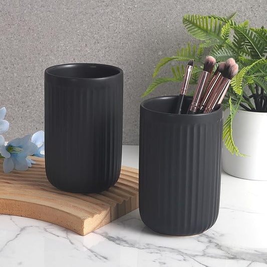 Matte Black Toothbrush Holders for Bathrooms - Black Ceramic Bathroom Tumbler Cups Reusable Toothbrush Cup Black Mouthwash Cup, 2 Cups Toothbrush Toothpaste Holders Set, Bathroom Counter Organizer