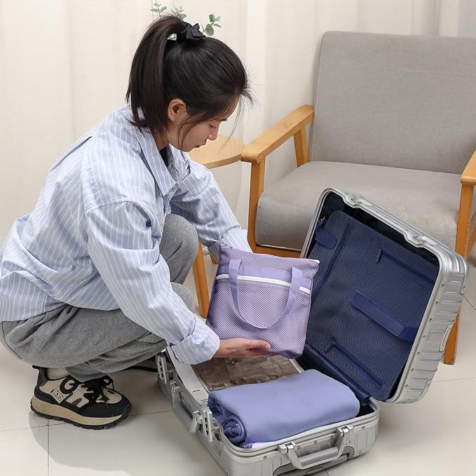 Mesh Shower Caddy Portable Shower Bag for Travel, Gym, Camping – Quick-Dry Hanging Toiletry Organizer with Zipper Pockets for Bathroom Essentials,Purple