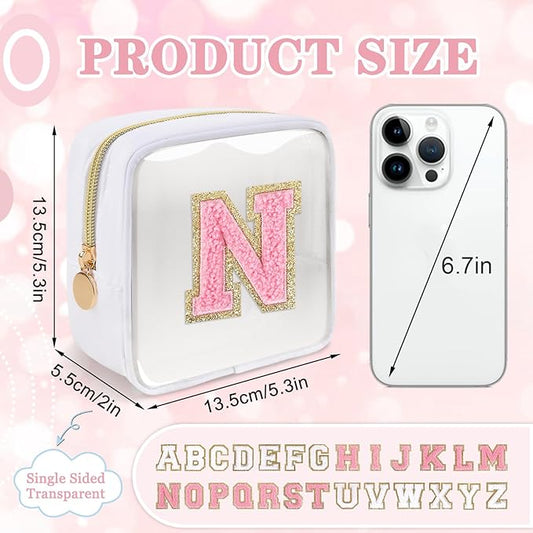 Mini Clear Personalized Initial Makeup Bag,Nylon Preppy A-Z Chenille Letter Patch Zipper Cosmetic Bag, Small Cute Beach Pouch Travel Purse Sanitary Napkin Storage Bag for Women Girls(White-Pink N)