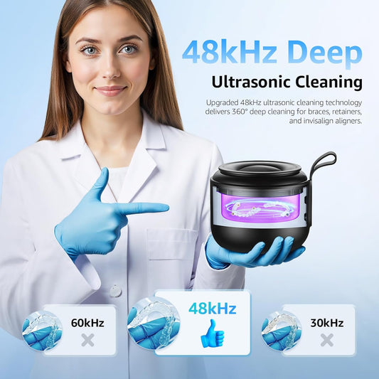 Ultrasonic Retainer Cleaner Machine: 48kHz Rechargeable Cordless Denture Cleaner - Waterproof Ultrasonic Jewelry Cleaner - 200ML Dental Cleaning Pod for Mouth Guard, Aligner
