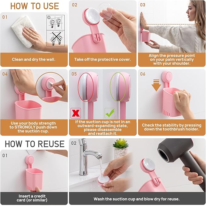 LEVERLOC Powerful Suction Toothbrush Holder 2 Pack, Removable Drill-Free Wall Shower Holder for Toothbrush, Toothpaste, Razor, Self-draining Suction Cup in Shower, Kitchen Tableware Organizer, Pink