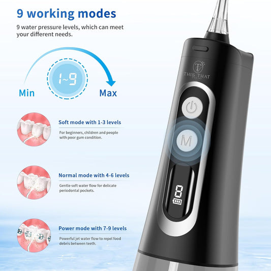 TTFM Dental Electric Water Flosser for Teeth Gums Braces, Dental Portable Flosser, 9 Pressure Modes, 300ml Tank Capacity, Rechargeable IPX7 Waterproof Teeth Cleaner