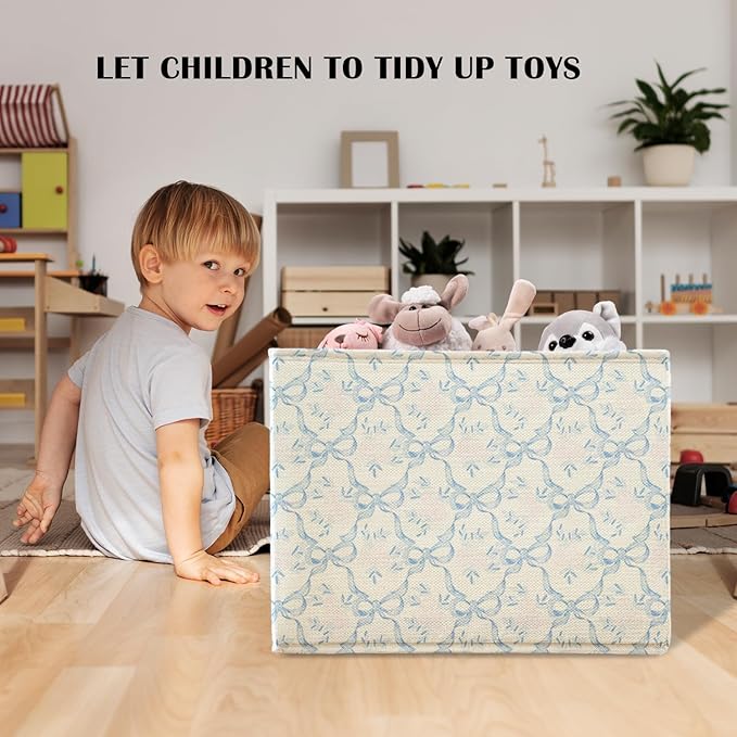 Coquette Blue Bow Floral Storage Basket Bins With Handles for Girls Kids, Bow Floral Pattern Foldable Laundry Basket for Girls Room Nursery Bedroom Bathroom Clothes Toys Books