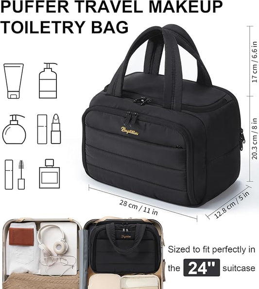 Travel Toiletry Bag, Lightweight Wide-open Large Puffy Toiletry Bag for Women, Quilted Makeup Bag Organizer Water-resistant Cosmetic Bag with Handle for Toiletries, Essentials, Accessories