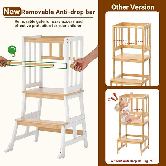 COSYLAND Kids Kitchen Step Stool, Toddler Standing Tower with CPC Certification, Removable Anti-Drop Railing Enjoys Unique Patented Design A Anti-tip Stable Structure 1.5-3 Years Natural & White