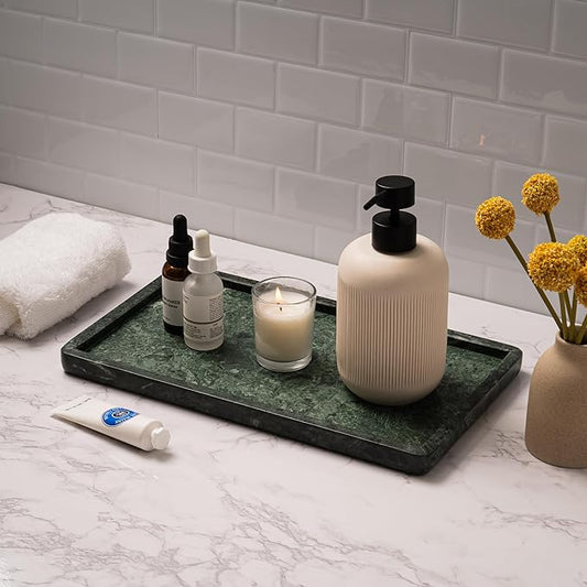 Cork & Mill Green Marble Tray for Bathroom Countertop, Kitchen Counter, or Catchall - 13" x 7½" Large Vanity Tray for Skincare or Perfume - Handcrafted Natural Marble Stone Organizer