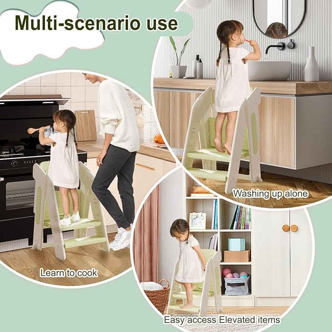 Toddler Tower Kitchen Stool Helper,Foldable/Adjustable Height Kids StandingTower Stool W/CPC Certification,for Kitchen Counter Bathroom Sink Cooking Child Ladder for Toddlers W/Safty Rail(Green White)