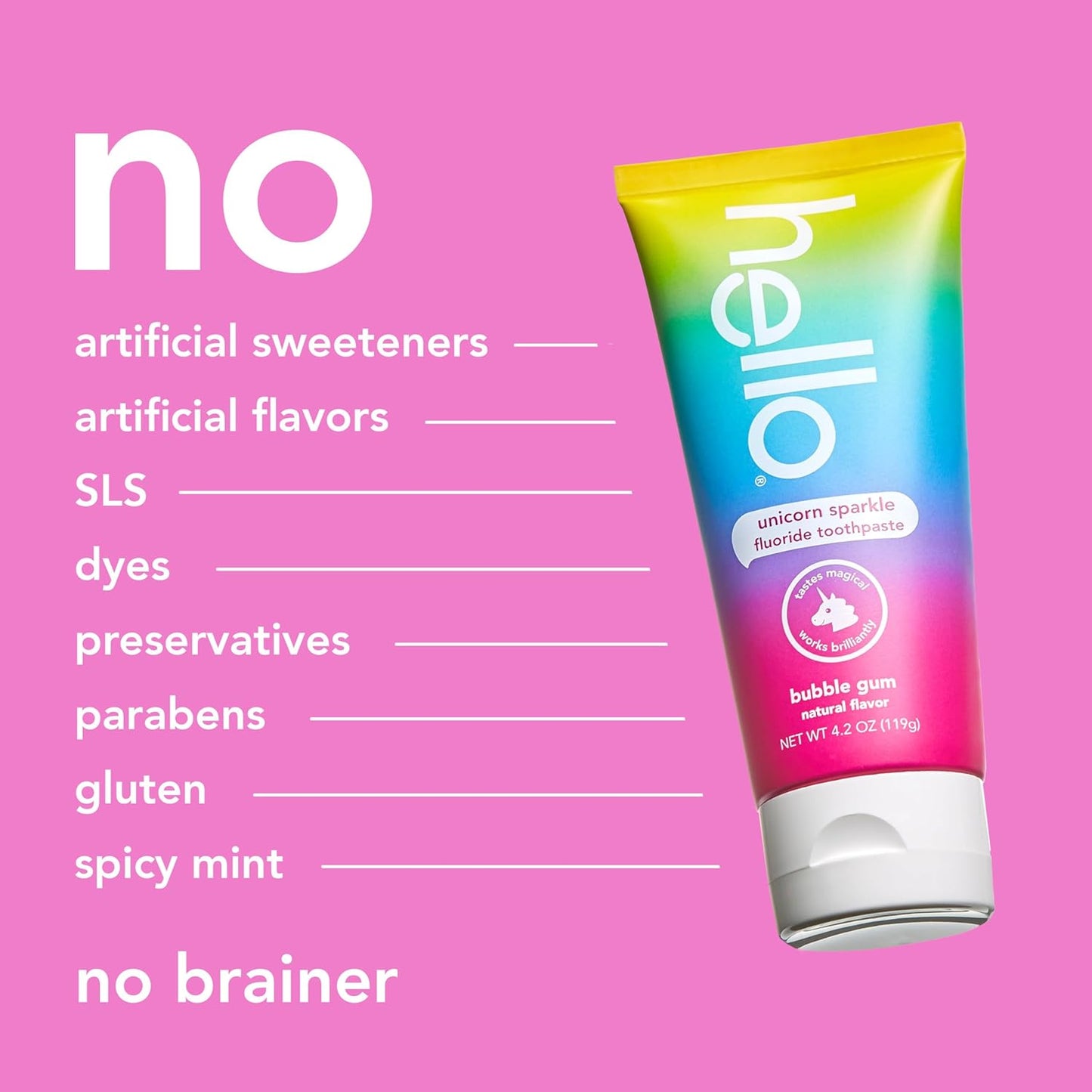 hello Unicorn Sparkle Kids Toothpaste with Fluoride, Bubble Gum Toothpaste, 4.2 Oz Tube (Pack of 3)