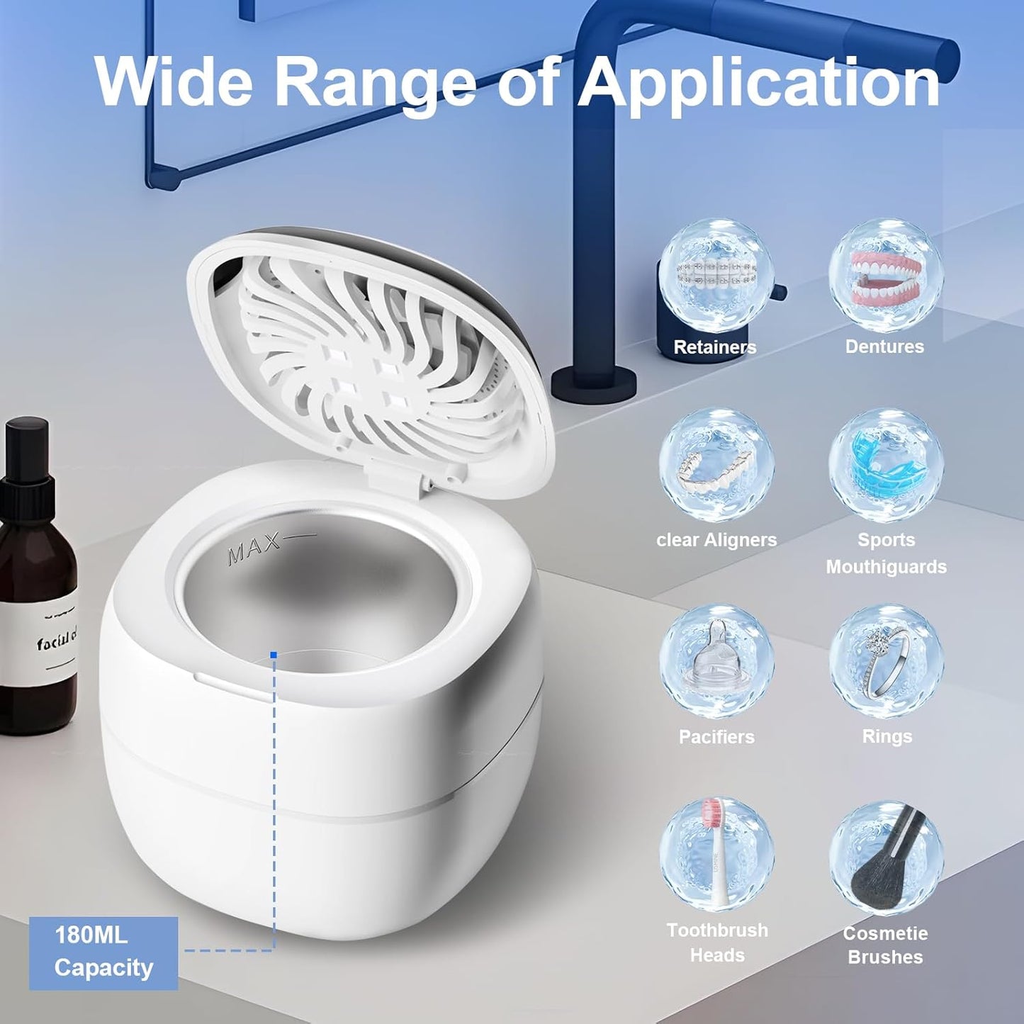 Retainer Cleaner ultrasonic,45kHz 180ml ultrasonic cleaner, cleaning and drying functions with Digital Timer,Retainer Cleaner Machine for Dentures, Mouth Guards, Braces, Jewelry (white)