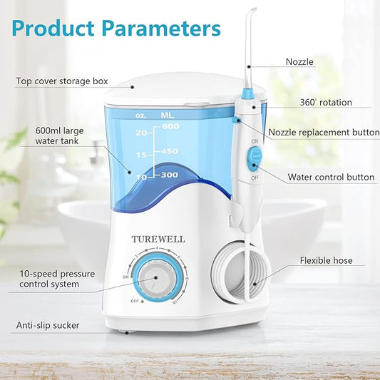 TUREWELL Water Dental Flosser for Teeth/Braces, Water Teeth Cleaner 8 Jet Tips and 10 Pressure Levels, 600ML Large Water Tank Oral Irrigator for Family(White)