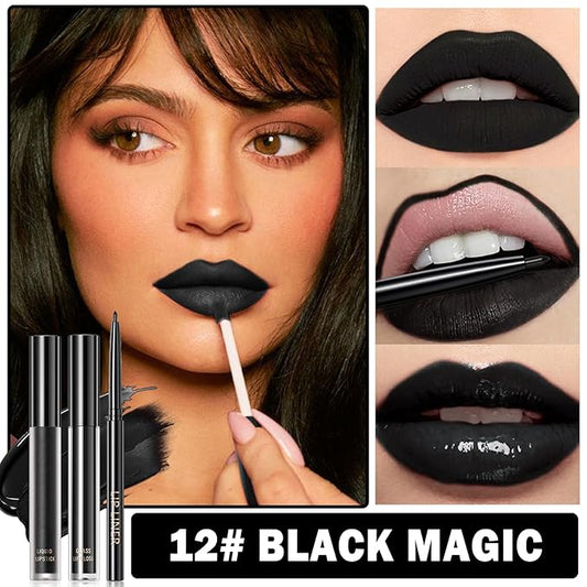 3 in 1 Black Lip Liner Pencil and Lipstick lipgloss Set Matte Black Lipstick Lip Gloss Kit Long-lasting Nonstick Cup Smudge Proof Lip Kits with Lip Liner,Velvet Goth Makeup (12#Black Magic)