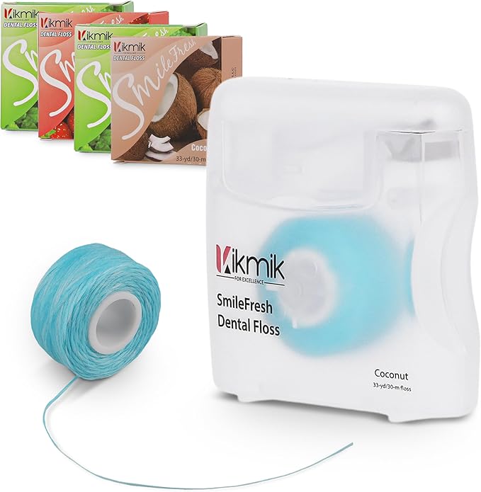 4-Pack Woven Dental Floss - 2 Mint, Strawberry & Coconut Floss - Shred Resistant, Extra Wide Woven Floss Dental, Gentle On Gums, 33 Yards Each