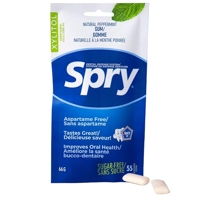 Spry On The Go Fresh Natural Xylitol Chewing Gum Dental Defense System - Aspartame-Free, Sugar-Free, Non-GMO (Peppermint, 55 Count - Pack of 1)