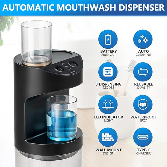 Automatic Mouthwash Dispenser for Bathroom,Bathroom Accessories 19.4 Fl Oz Dispensers with Magnetic Cups,Wall Mounted Dispenser,Suitable for All Age Groups,Black